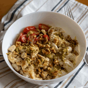 Ensalada de pollo con mozarella y pesto
