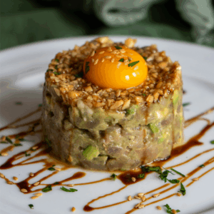 Tartar de atún miel de caña aguacate y queso
