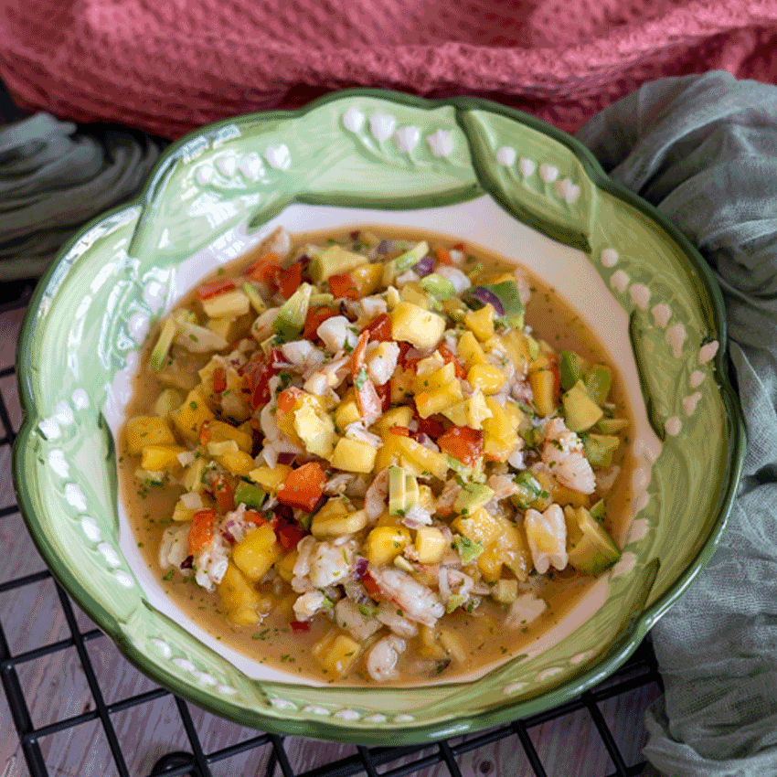 Ceviche de gambas y mango
