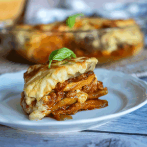 Lasaña de berenjena con bechamel de calabacín sin gluten
